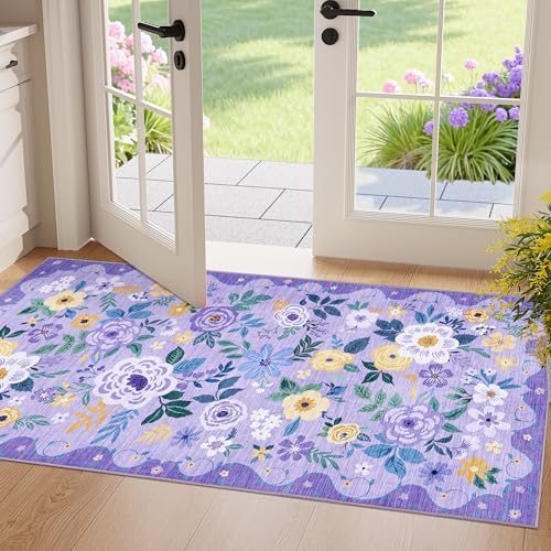 DUKINO 2x4 Entryway Rug, Floral Washable Kitchen Rugs Non Slip, Purple by DUKINO