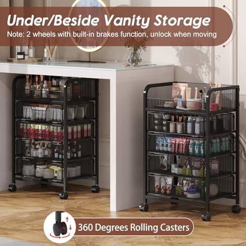 Hongtamoya Makeup Cart Organizer with 4 Drawers, Vanity Storage Organizer, Large Floor Skincare Organizers Cosmetics Display Cases for Skin Care Perfume Nail Polish, Black - Image 3
