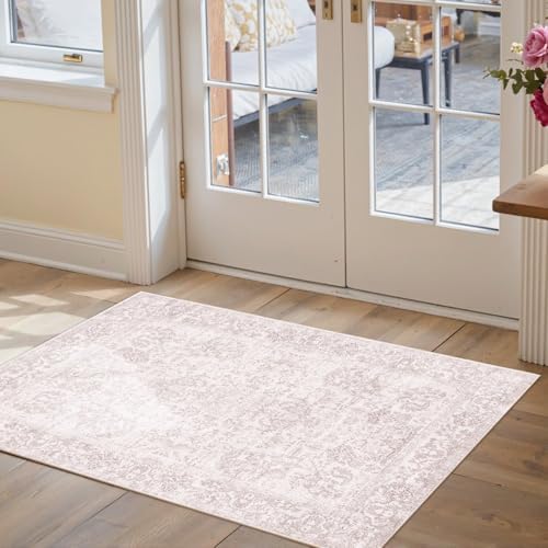 2x3 Pink Washable Entryway Rug,Small Door Mat for Bathroom Kitchen by Rugxara