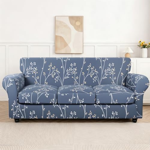 SearchI Stretch Sofa Cover Printed Couch Cover, Floral Pattern 4 Pieces Sofa Slipcover with 3 Separate Cushion Cover, Washable Furniture Protector for Living Room(Sofa, Gray Blue) - Image 2