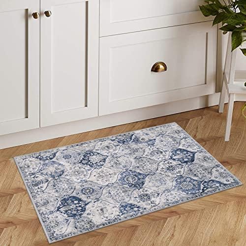 Lahome Moroccan Trellis Washable Rug, 2x3 Kitchen Rugs for Entryway Bathroom, Non-Slip Indoor Door Mat Ultra-Thin, Small Oriental Throw Carpet for Bedroom Entry Elise, White/Royal Blue - Image 3
