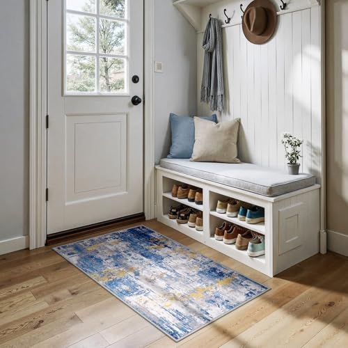 RELEANY Washable 2'x4' Abstract Area Rug for Living Room Blue Gold by RELEANY