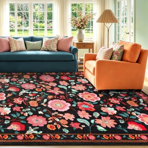 6x9 Ft Washable Area Rug for Living Room Black Vintage Floral Carpet - Image 4