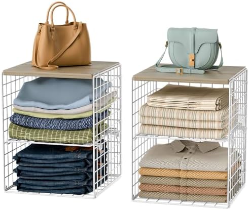 4-Tier Stackable Closet Organizers and Storage, Adjustable Dividers & Wood Top Storage Shelves for Clothes, Wardrobe & Closet Storage Basket Bins/Cube, Space-Saving Closet Organizer System, White by Hencawima