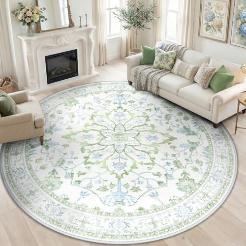 RELEANY Washable Area Rug, Round 8ft, Green/White/Blue by RELEANY