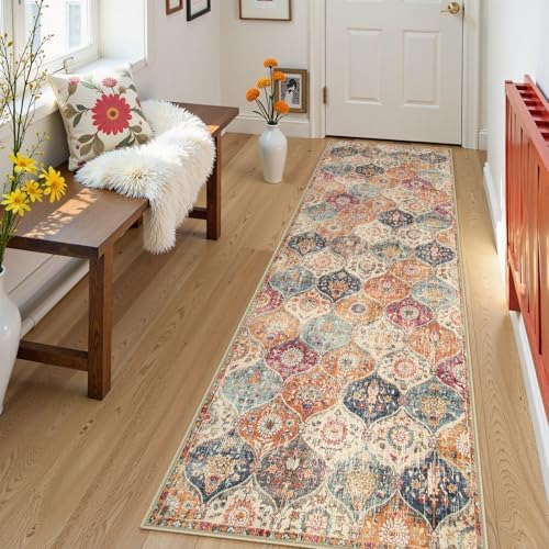 Lahome Moroccan Hallway Runner Rug, 2'5''x8' Ultra-Thin Washable Runners for Hallways Kitchen, Oriental Laundry Room Rug Non-Slip Carpet for Entryway Bedroom Bathroom Elise, Cream/Multi by Lahome