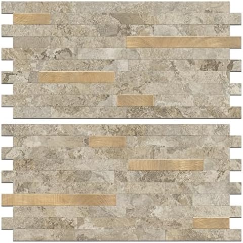 STICKGOO 2 Sheets Peel and Stick Backsplash Tile, Stick on Backsplash for Kitchen and Bathroom, Stone Beige Marble Look PVC Mixed Metal Gold Self Adhesive Wall Tiles by STICKGOO