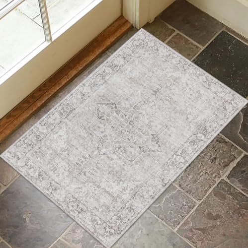 ReaLife Rugs Machine Washable Area Rug - Living Room Bedroom Bathroom Kitchen Entryway Office - Padded Crease Free Stain Resistant Premium - Boho Farmhouse Vintage- Lyle- Beige Ivory- 2'x 3' by ReaLifeRugs