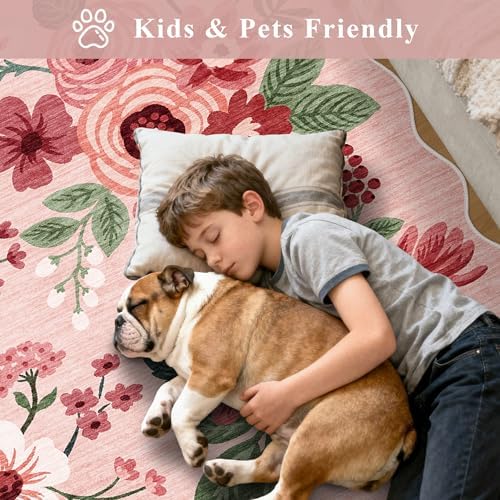DUKINO 3x5 Area Rugs, Non Slip Floral Washable Rug for Bedroom, Pink - Image 4