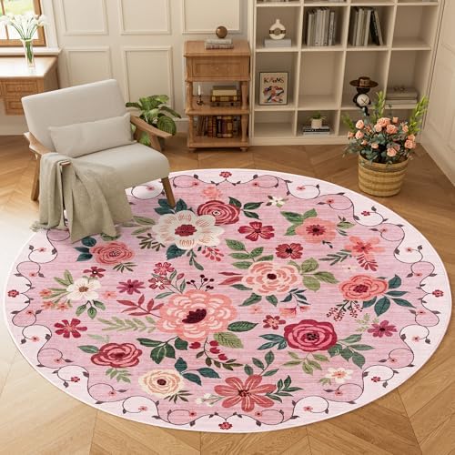 DUKINO 6ft Round Rug, Soft Washable Circle Rug for Bedroom Non Slip, Pink by DUKINO