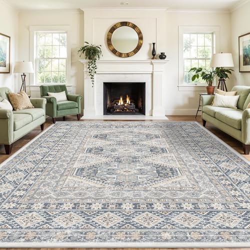 Ksrau 12x15 Area Rug Washable Vintage: Non Slip Living Room Large Rugs Blue - Image 4