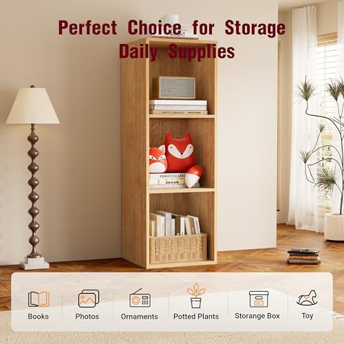 Book Shelf, Wooden Cube Storage Organizer with 11" Open Cubes, Stackable Modular Bookcase for Room Divider Storage, 3 Tier Bookshelf for Living Room, Bedroom, Office (Oak, 3-Cube) - Image 6
