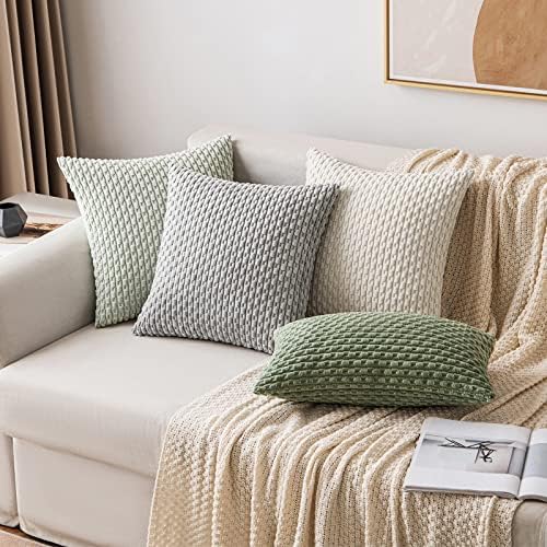 MIULEE Decorative Throw Pillow Covers 20x20 Light Green Textured Corduroy - Image 5