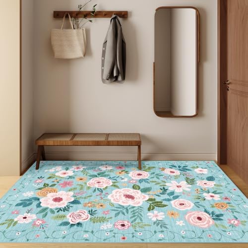 DUKINO 3x5 Area Rug, Floral Washable Rug for Bedroom Non Slip, Teal - Image 5