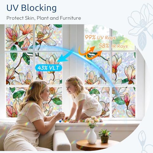 rabbitgoo Window Privacy Film Rainbow, Floral Magnolia, 17.5" x 78.7" - Image 3