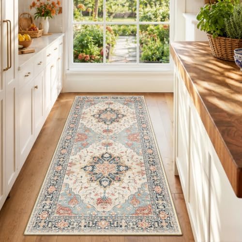 RELEANY Washable Area Rug, Runner 2'x6', Beige/Blue/Orange by RELEANY