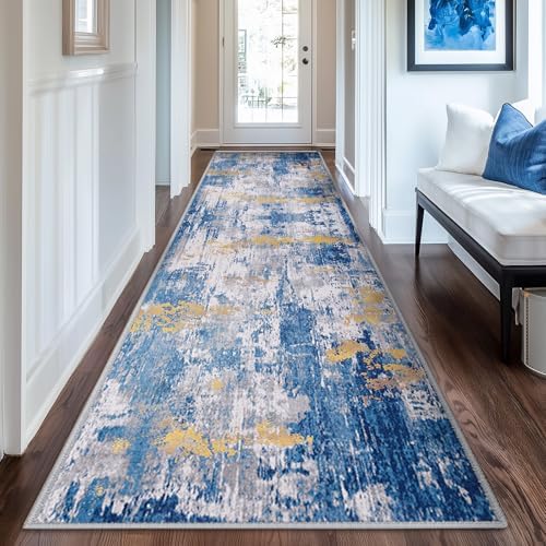 RELEANY Washable Runner 2'x6' Abstract Area Rug for Hallway Blue Gold - Image 5