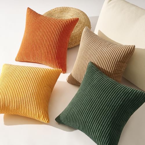 Topfinel Boho Farmhouse Green Rust Striped Pillow Covers 24x24 Set of 4 Mordern Nordic Soft Corduroy Cushion Covers Fall Home Decor for Couch Bed Sofa Living Room Forest Green - Image 5