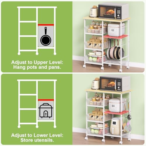 Rolling Kitchen Microwave Organizer Cart, Adjustable Shelves, White - Image 4