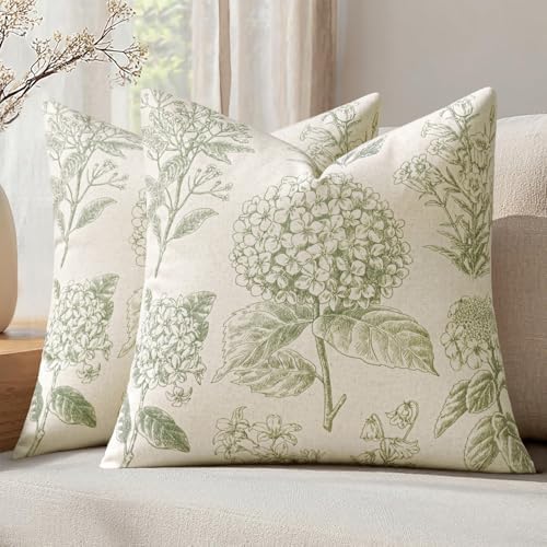 Set of 2 Decorative Floral Pillow Covers 22x22 Inch Sage Green by SWANCOCO