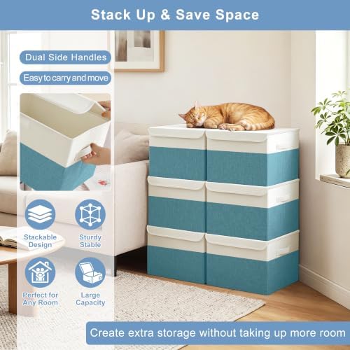 Bagnizer Large 22 Quart Linen Fabric Foldable Storage Bin Cube Organizer Basket with Flip-Top Lid & Handles, Clothes Blanket Box for Home, Office, Closet, Teal & White, 4 Pack 14.6 x 9.5 x 9.5 - Image 5
