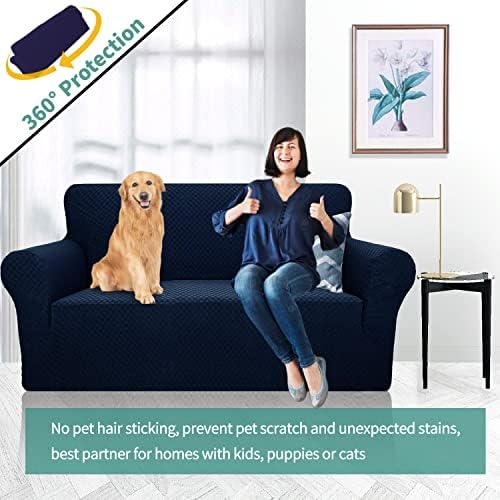 YEMYHOM Couch Cover Latest Jacquard Design High Stretch Sofa Covers for 2 Cushion Couch, Pet Dog Cat Proof Loveseat Slipcover Non Slip Magic Elastic Furniture Protector (Loveseat, Navy) - Image 2