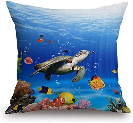 TSSOHU Ocean Underwater Marine Life Outdoor Throw Pillow Cover Sea World Animals Tropical Fish with Turtles Coral Decorative Pillows Farmhouse Cushion Cases Home Decor for Couch 18x18 inch by TSSOHU
