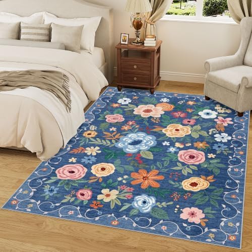 DUKINO 5x7 Area Rugs, Floral Washable Rug for Living Room Non Slip, Blue - Image 3