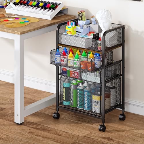 4-Tier Rolling Utility Cart with 3 Drawers-Craft Organizers and Storage with 360° Lockable Wheels,Art Supply Storage Organizer for Art Supplies, Store for Brushes & Paints & Artifacts Patent Pending - Image 4