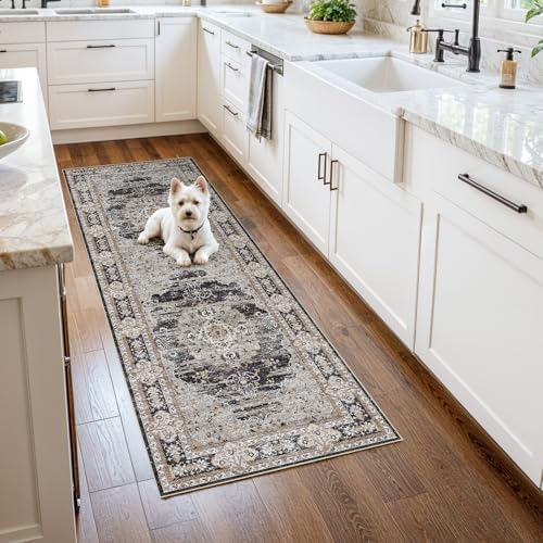 2x5 Washable Hallway Runner Rug - Non-Slip Vintage Throw Rugs Black Gray by Puino
