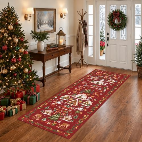 Christmas Runner Rug 2x5 for Hallway - Red Non Slip Washable Low Pile Carpet Santa Claus Holiday Decor Water Resistant Throw Rug for Kitchen Entryway Laundry Ultra Soft Bedroom Beside Mat（2x5,Red） - Image 5
