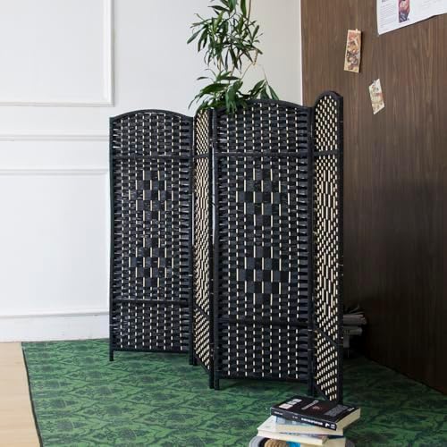 Furnnylane 4 Panel Black Rattan Room Divider for Room Separation, 47.2" Low Height Double Sided Folding Privacy Screen, Freestanding Partition Screen for Home Office - 3.95 ft Tall - Image 4
