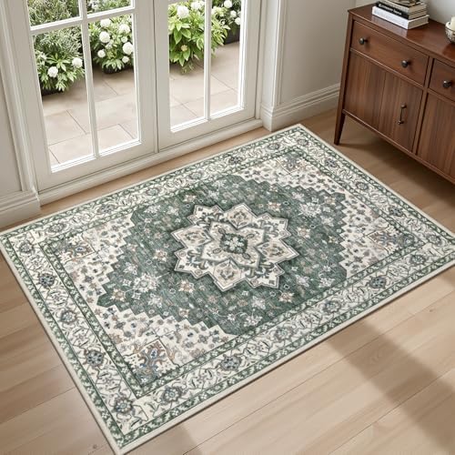 2x3 Area Rugs Living Room: Washable Rug for Bedroom Green Ivory by EXPEDIX