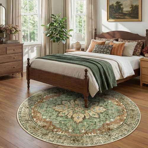 RELEANY Washable Area Rug, Round 7ft, Brick/Brown/Green - Image 2