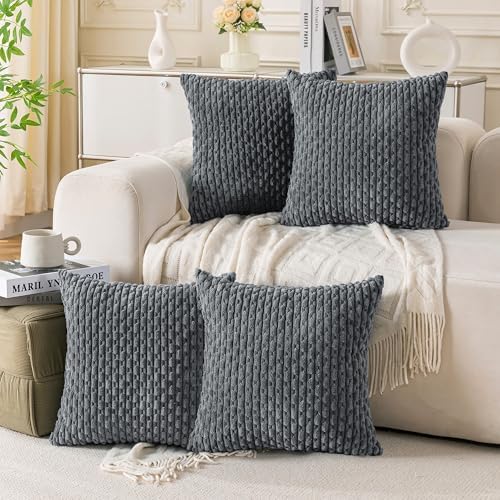 Set of 4 Medium Grey Decorative Throw Pillow Covers 16x16 Inch Corduroy Pillow Covers for Bed Couch Sofa Living Room Soft Square Cushion Cases by Cozoomy
