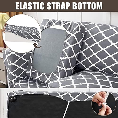 SearchI Stretch Sofa Cover Printed Couch Cover, Floral Pattern 3 Pieces Loveseat Slipcover with 2 Separate Cushion Cover, Washable Furniture Protector for Living Room(Loveseat, Gray+White) - Image 4