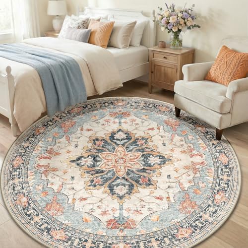 RELEANY Washable Area Rug, Round 6ft, Beige/Blue/Orange - Image 3