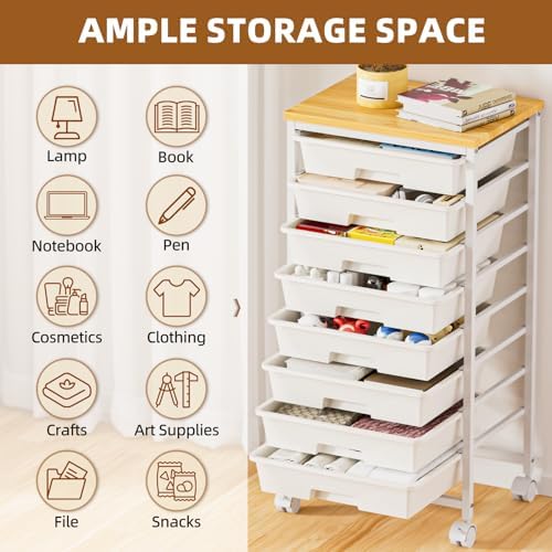 8 Drawer Rolling Storage Cart with Wooden Tabletop & Lockable Wheels - Image 3