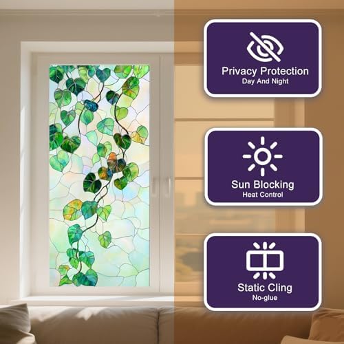 IVN Privacy Window Film Decorative Stained Glass Green Vine Leaf Pattern - Image 2