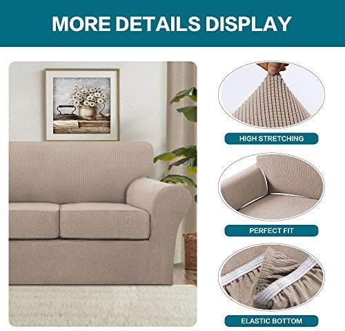 Turquoize 3 Piece Sofa Covers for 2 Cushion Couch Sofa Slipcover Soft Couch Cover for Dogs-Washable Sofa Furniture Covers with 2 Individual Cushion Covers, Thick Jacquard Fabric (Loveseat, Sand) - Image 4