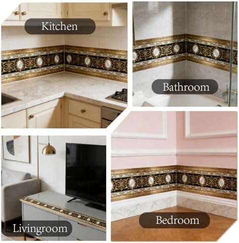 Black Gold Wallpaper Border 196.9 x 3.9 Inch Wall Border Trim Peel and Stick Vintage Pattern PVC Decorative Molding Sticker for Living Room Bathroom Kitchen Backsplash Hotel Home Decoration - Image 7