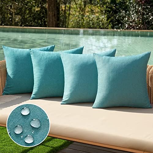 MIULEE Pack of 4 Decorative Outdoor Throw Pillow Covers Linen Waterproof Pillow Covers Summer Farmhouse Cushion Cases for Patio Garden Tent Balcony Couch Sofa 18x18 Inch Turquoise by MIULEE