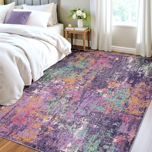 RELEANY Washable 4'x6' Abstract Area Rug for Living Room Purple Multi - Image 3