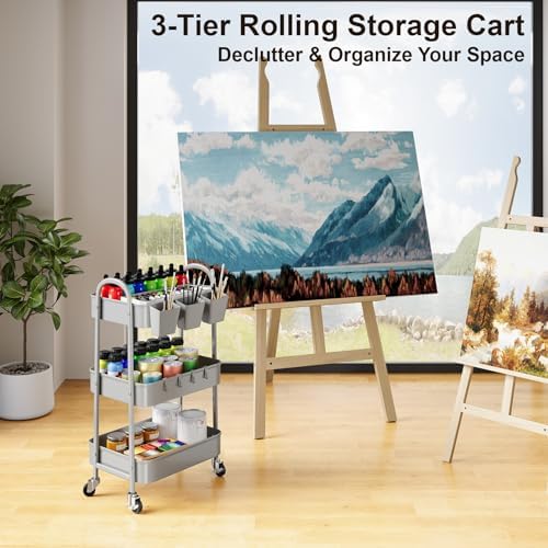 3 Tier Gray Metal Rolling Cart, Storage Cart with Handle & Lockable Wheels - Image 5