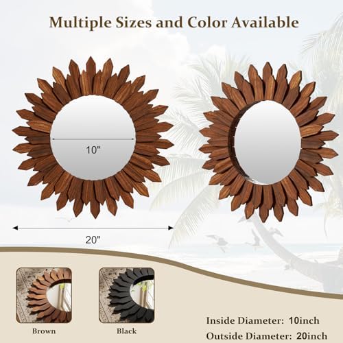 20" Walnut Round Sunburst Wooden Mirror Boho Rustic Wall Decor - Image 3