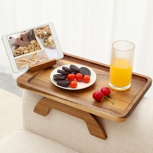SINWANT Couch Arm Tray, Acacia Wood Sofa Arm Rest Table Clip on Wide Armrest,Folding Anti Slip Couch Armrest Table with 360° Rotating Phone Holder for Snacks,Drinks,Remotes by SINWANT