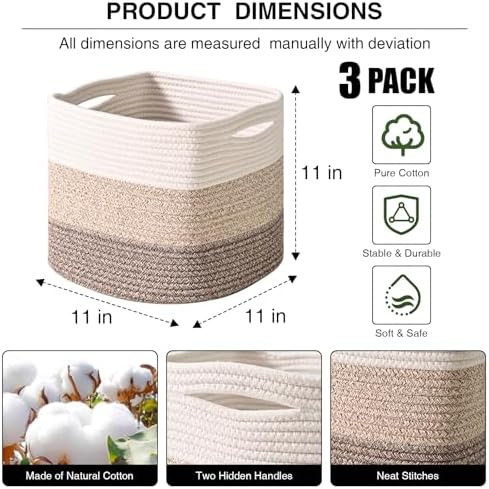 11 Inch Cube Storage Bins, Organizing Bins for Cube Organizer, Storage Baskets for Organizing, Woven Storage Basket for Shelves, Cotton Rope Baskets for Storage, Gradient Brown (Pack of 3) - Image 2