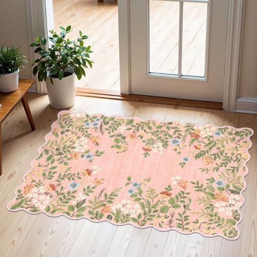 Front Door Mat Indoor Outside Entrance - 2x3 Ft Pink Floral Rug by Othilic