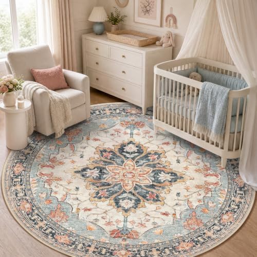 RELEANY Washable Area Rug, Round 5ft, Beige/Blue/Orange by RELEANY