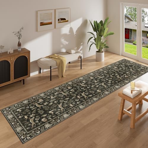 DUKINO 2x10 Rug for Hallway, Washable Kitchen Runner Rug with Non Slip Backing, Soft Low Pile Vintage Animal Runner for Bedroom, Kitchen, Hallway, Entryway, Laundry, Charcoal Black - Image 3